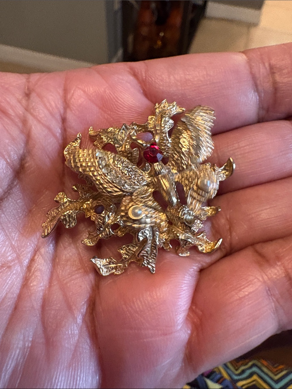 Gold-Tone Butterfly  Trembler Brooch with Red Crystal Accent